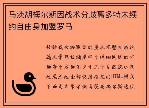 马茨胡梅尔斯因战术分歧离多特未续约自由身加盟罗马